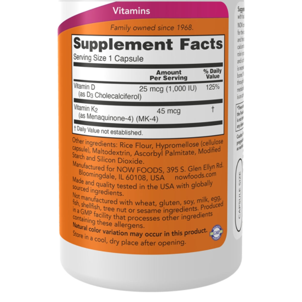 Vitamina D3+ K2 1000 IU /45 mcg  - 240 Vcaps / 240 Serv