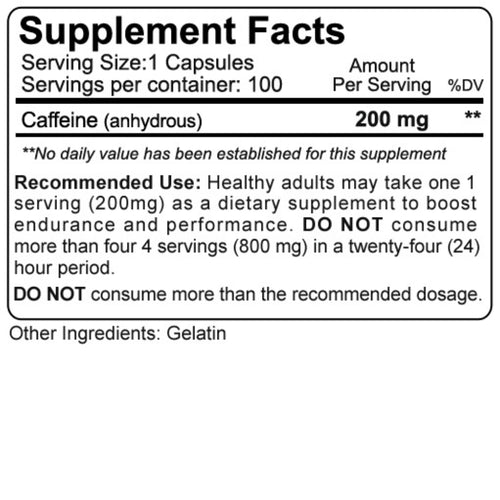 Cafeína 200mg / 100cap/ 100Serv